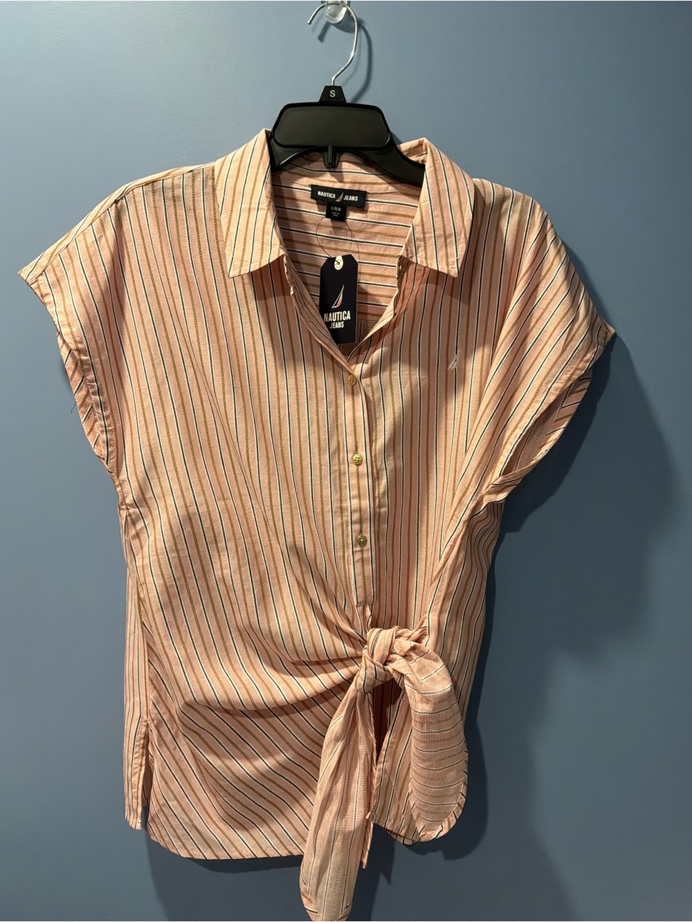NAUTICA JEANS sleeveless stripe button down top with tie front
